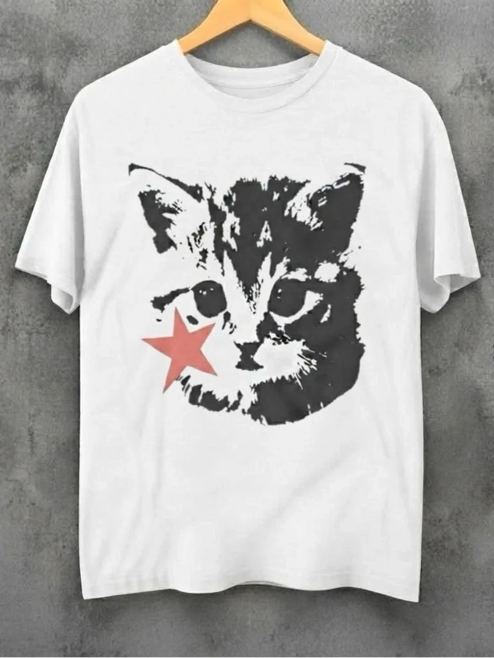 White Tee with Gray Kitten and Pink Star
